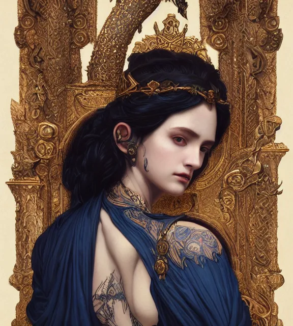 Image similar to god of death, in the underworld, elegant dark blue dress, very detailed, throne, very intricate details, jewelry, delicate tattoos, elaborate long hairstyle, cinematic, artstation, william bouguereau, greg rutkowski, rossdraws, octane render