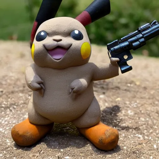 Prompt: clay sculpture of pikachu holding a gun and standing on a wooden desk, clay sculpture, 33mm, high res photo