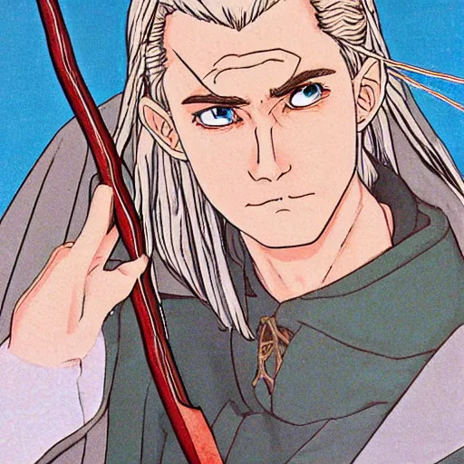 Image similar to Portait of Legolas in an 80s anime version of Lord of the Rings, holding a longbow, very detailed, ultra realistic, handpainted, Satoshi Kon, Hiyao Miyazaki, Katsuhiro Otomo