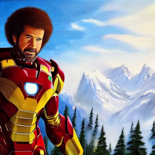 Image similar to a closeup photorealistic photograph of bob ross diligently finishing a canvas painting featuring iron man on the canvas. mountains and trees. film still. brightly lit scene. this 4 k hd image is trending on artstation, featured on behance, well - rendered, extra crisp, features intricate detail, epic composition and the style of unreal engine.