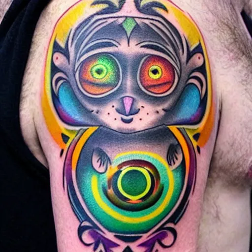 Image similar to shoulder tattoo of a cute bush baby with trippy eyes and glowing multicolored chakra symbols, meditative, insanely integrate