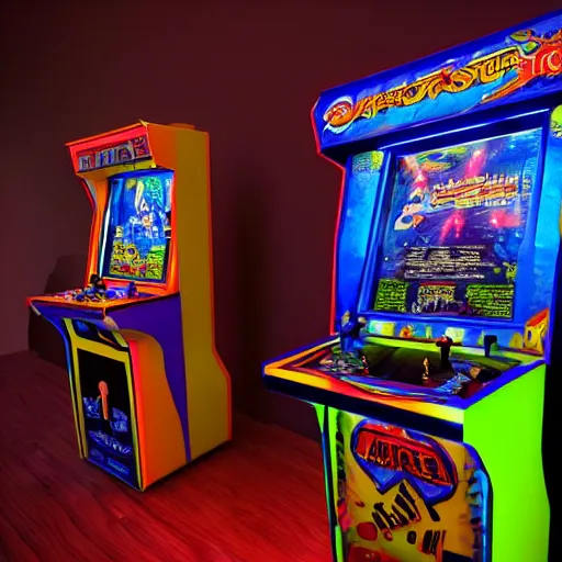 Image similar to 1990s arcade machine, octane render, unreal engine, digital art, Artstation, Trending on Artstation, Artstation HQ, Artstation HD, cgsociety, Pinterest, 8k , close up to the screen, wide angle, godrays, volumetric, reflections, cinematic, epic, accurate, coherent, 3D Render,