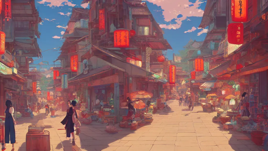 Image similar to landscape of a ancient Chinese commercial street, rich vivid colors, ambient lighting, dynamic lighting, official media, anime key visual, makoto shinkai, ilya kuvshinov, lois van baarle, rossdraws, detailed, trending on artstation.