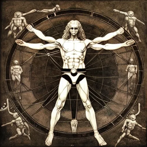 Image similar to super sentai vitruvian man by leonardo da vinci and james jean, renaissance