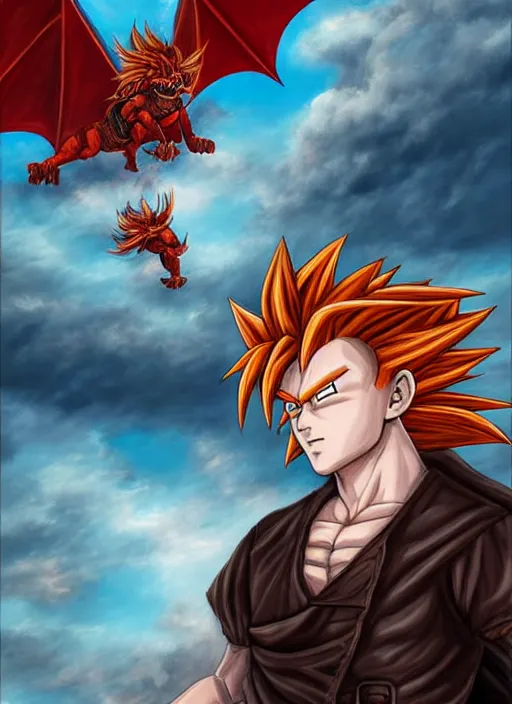 Image similar to epic fantasy portrait painting of a long haired, red headed male sky - pirate in front of an airship in the style of the dragonball