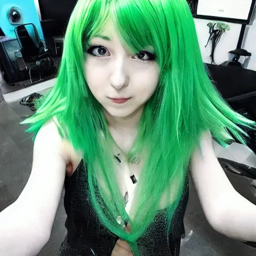 Image similar to anime girl with green hair, full head and hair in shot
