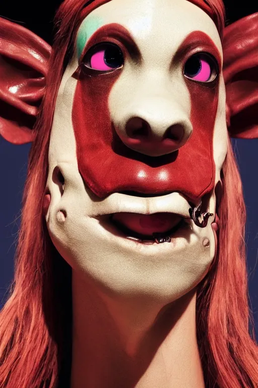 Image similar to comme des garcons campaign featuring jar jar binks as a female cowgirl, long eyeslashes, huge juicy lips, big seductive eyes, unprocessed colors, # nofilter, realistic vfx simulation
