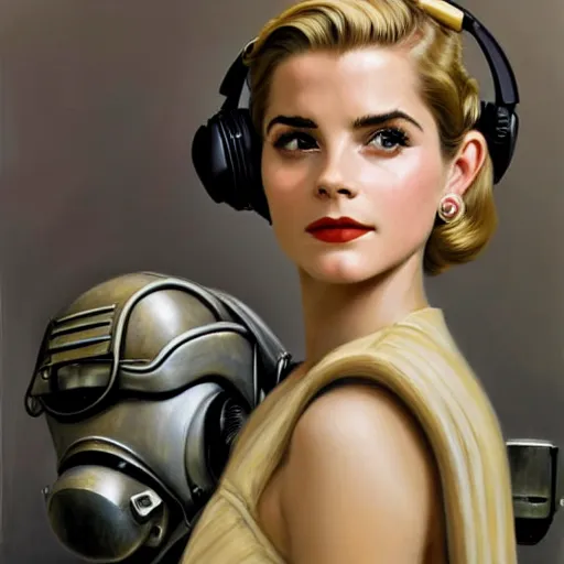 Image similar to A combination of Grace Kelly's and Emma Watson's and Ashley Greene's appearances with blonde hair wearing Power armor and a headset, full body portrait, western, D&D, fantasy, intricate, elegant, highly detailed, digital painting, artstation, concept art, matte, sharp focus, illustration, art by Donato Giancola and James Gurney