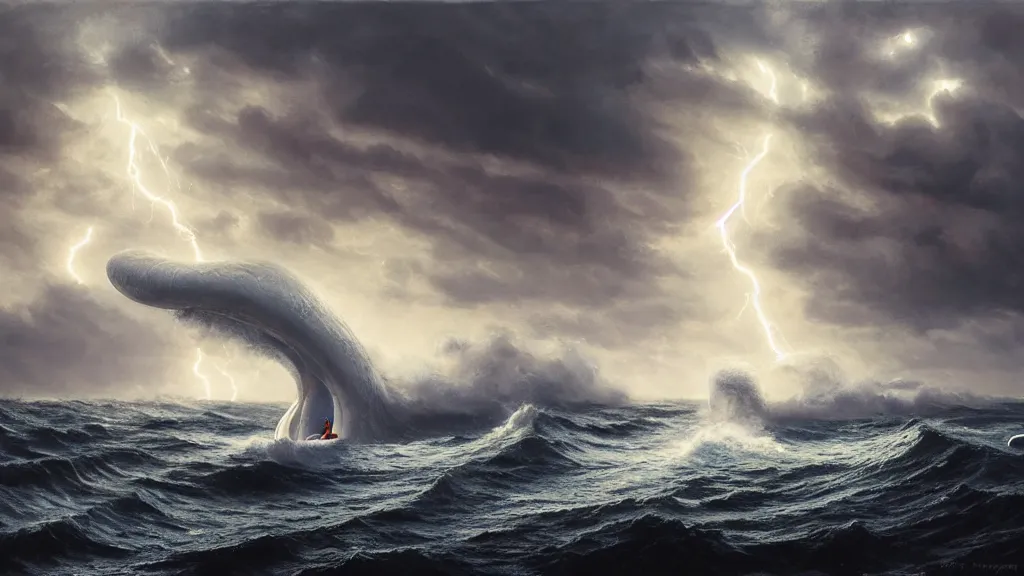 Prompt: small boat in the foreground. massive giant squid tentacles coming out of a stormy sea, giant waves, lightning in background, intricate, detailed, volumetric lighting, sharp focus, scenery, photorealism, digital painting, highly detailed, concept art, ruan jia, steve mccurry