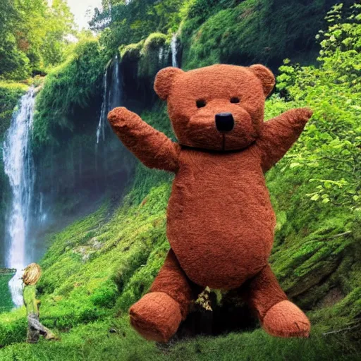 Prompt: [Robot(ian) { eyes(cute huge + luminous), view(full body + zoomed out), background(solid), pose(arms up + happy), holding(stick), bear(scared + running away), waterfall(beautiful + lushious + large)}]