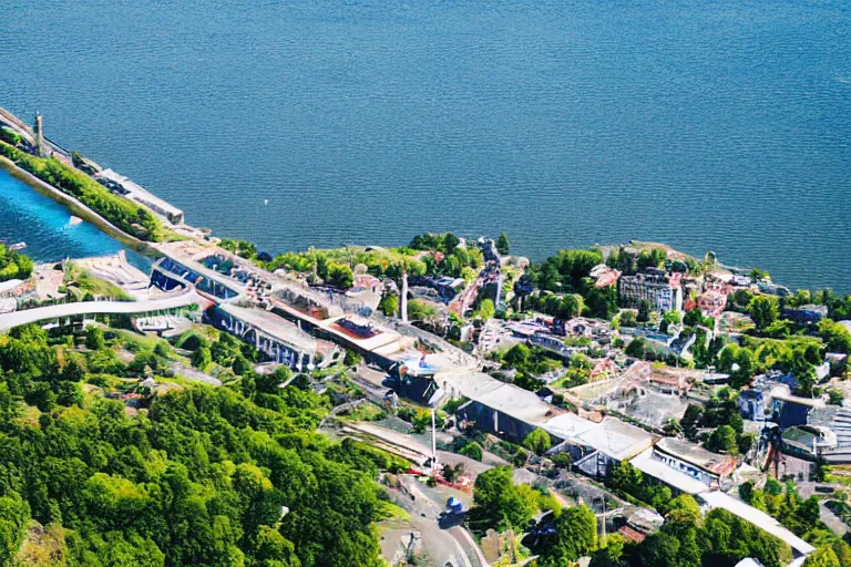 Image similar to bird's eye view photography of a small city. town hall, central farm, monorail station, beach and shipping dock. hills, woods and lake to the north.