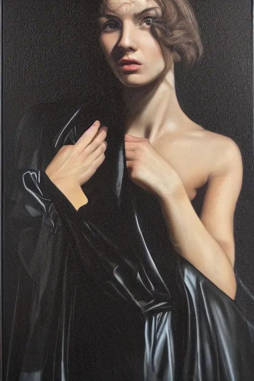 Prompt: hyperrealism oil painting mixed with classicism, close - up portrait, fashion model, fully clothes in black reflect robe, complete darkness, in style of classicism mixed with 8 0 s sci - fi hyperrealism