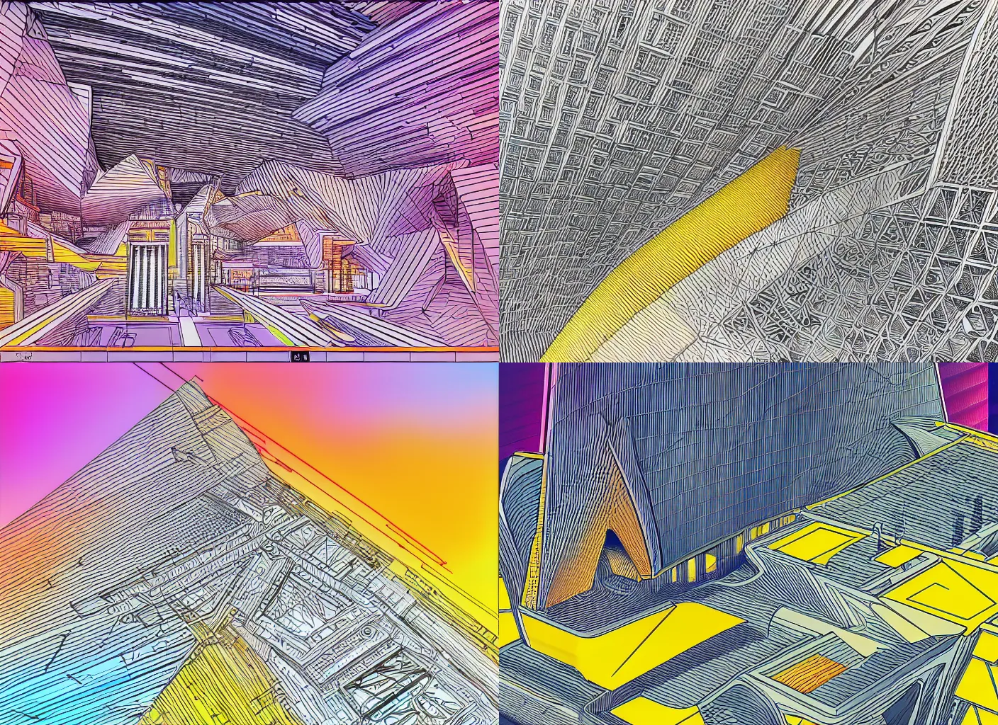 Prompt: a ultra beautiful detailed line art illustration of architectural of synthwave, by norman foster + zaha hadid, extremely detailed, chartpak ad markers, pastel color, yellow and orange color scheme, 8 k,