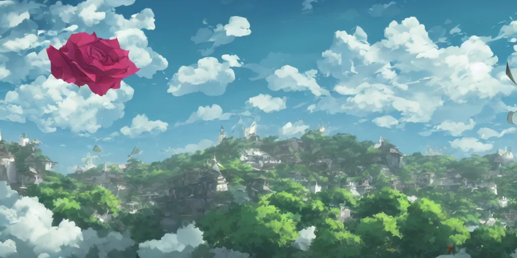 Prompt: background art of flying longswords flowing and floating through the slicing through directional wind on a simple cloudy sky background, big puffy clouds, large individual rose petals, angular background elements, polygonal fragments, anime, studio ghibli, artgerm, manga, trending on artstation, art nouveau, mature color scheme