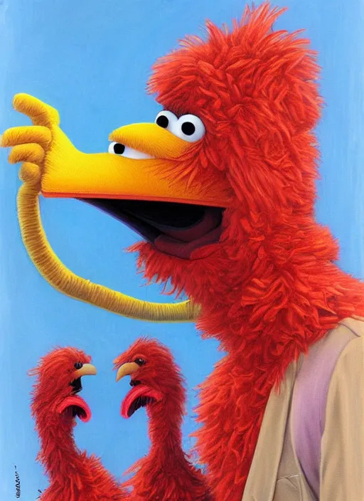 Prompt: Big Bird from Sesame Street in Society (1989), highly detailed, centered, solid color background, digital painting, artstation, concept art, smooth, sharp focus, illustration, Jason Edmiston, donato giancola, Joseph Christian Leyendecker, Les Edwards, Ed Repka, WLOP, Artgerm