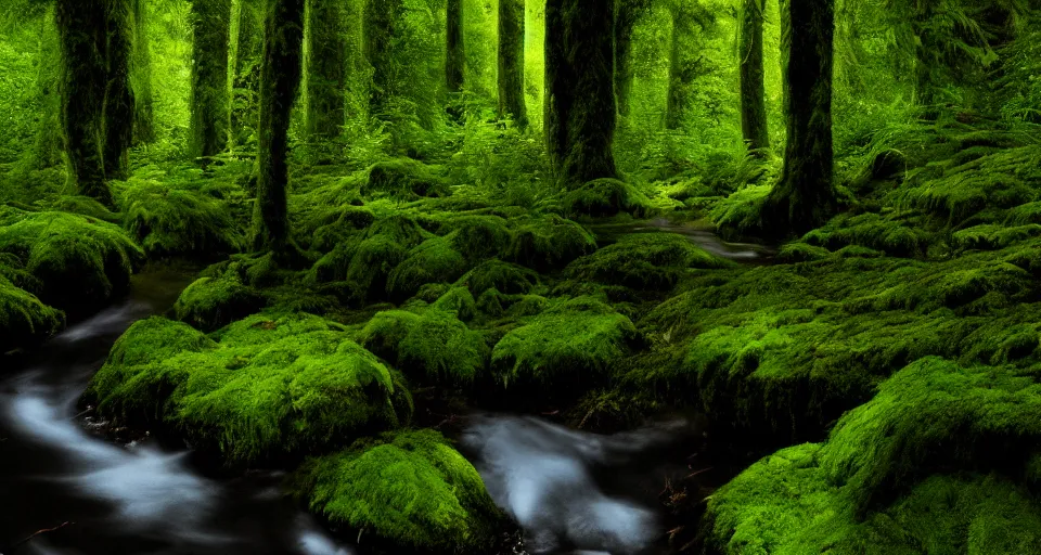 Image similar to deep inside the forest, stream, dramatic lighting, moss, ferns, epic, award winning photo by ansel adams, masterpiece, artstation