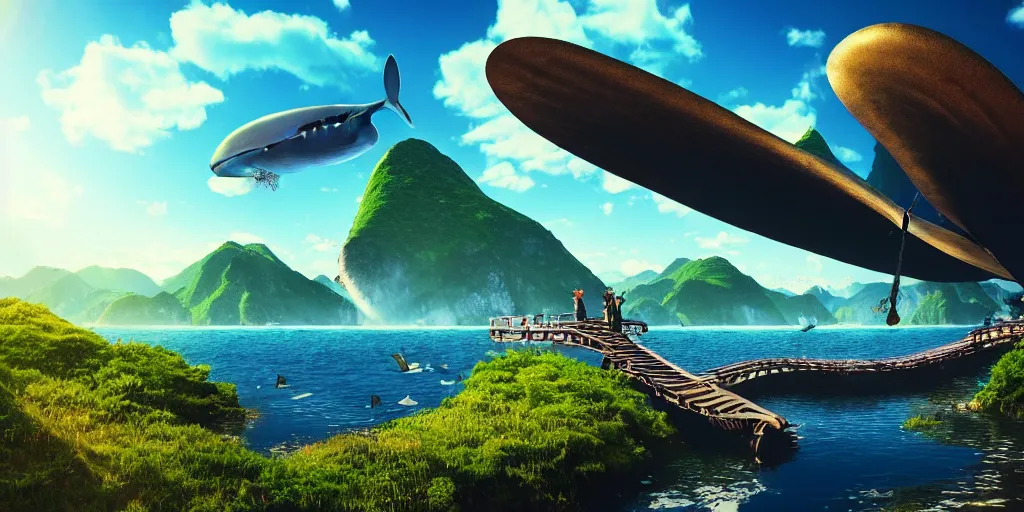 Prompt: dream, steampunk, beautiful nature, sunny day, sunshine lighting high mountains, which are higher than white fluffy clouds with green trees on top, a small wooden bridge connecting two mountains, ocean beneath the mountains with clear blue water, steel whales jumping and showing from the waves, cinematic, 8k, highly detailed