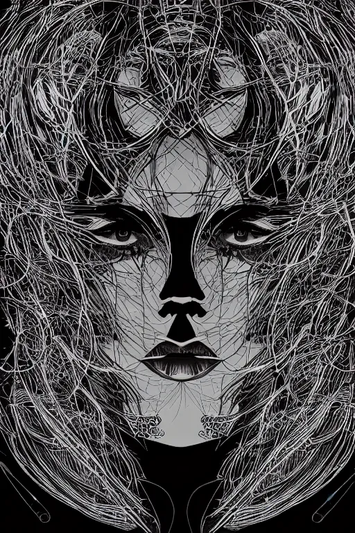 Image similar to close up portrait of a dark witch in front of the full big moon, vector graphic, clear lines, intricate, portrait, 8k highly professionally detailed, HDR, CGsociety