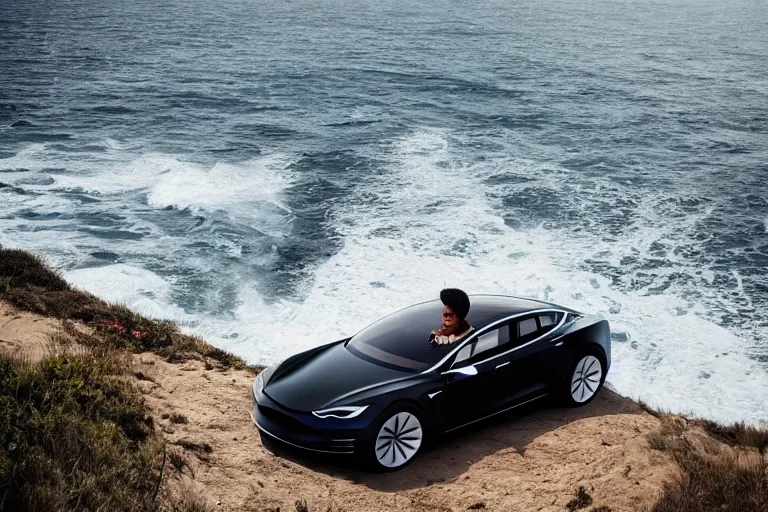 Image similar to photo of a gorgeous black model lounging on a Tesla on a cliff on the ocean By Emmanuel Lubezki