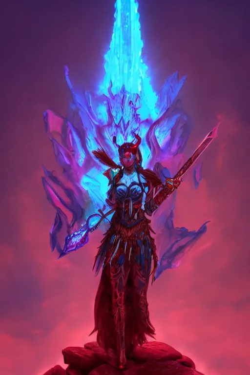 Prompt: warrior woman in glowing azure armor standing in hell which is sliced by a iridescent glass cracks shattering the sky , crimson clouds, besinski style , 6 billion demons style, background mountain, photorealism, 8k, artstation trending, Ray Tracing, octane renderer, high detail, vollumetric lighting