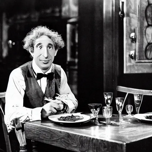 Image similar to harpo marx dines alone at a fancy restaurant