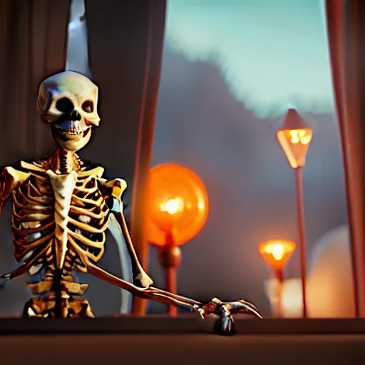 Image similar to weta disney pixar movie still macro close photo of a skeleton with traffic - cones for hands. his hands are traffic - cones. : : by weta, greg rutkowski, wlop, ilya kuvshinov, rossdraws, artgerm, octane render, iridescent, bright morning, anime, liosh, mucha : :