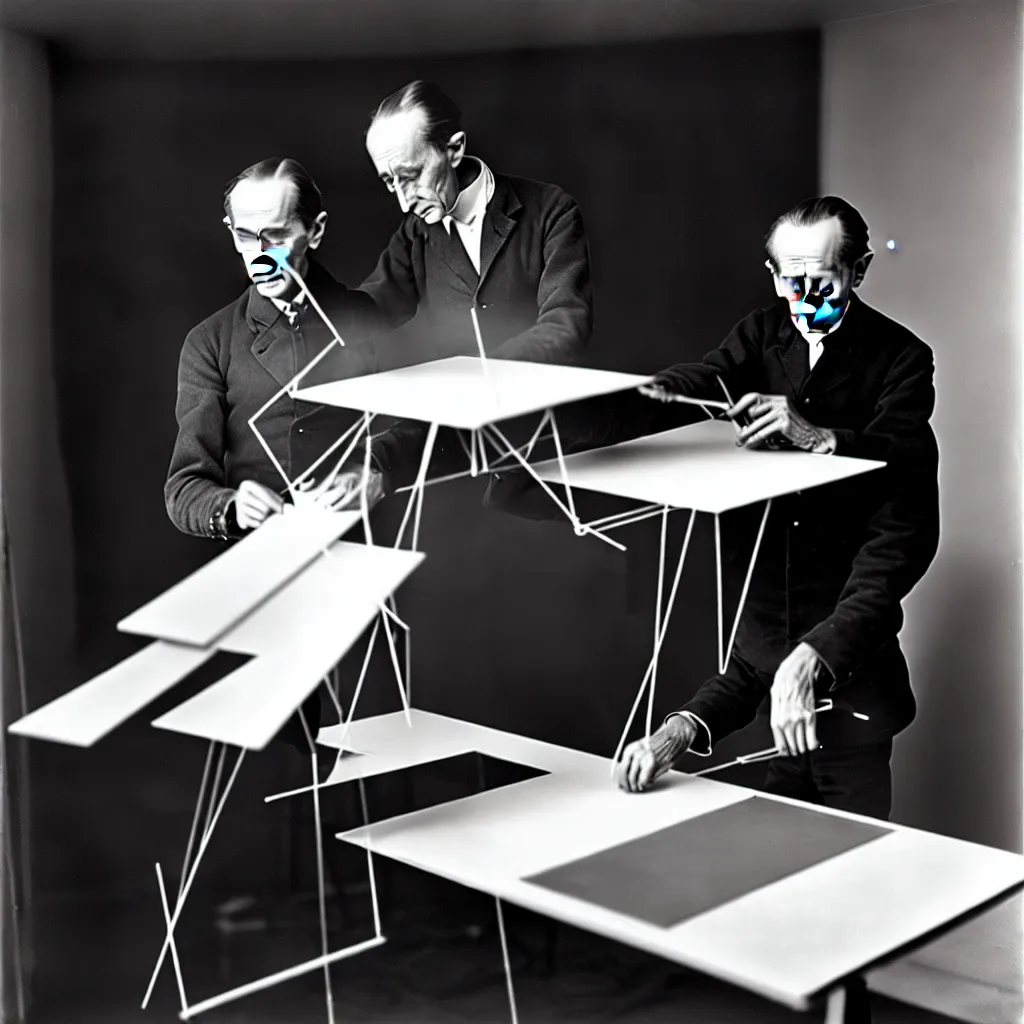 Image similar to a long exposure shot of Marcel Duchamp working on a readymade object, archival pigment print