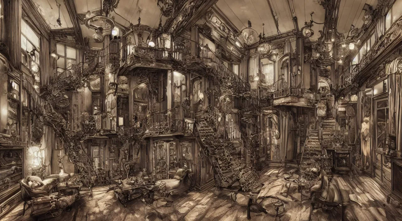 Prompt: dramatic a steampunk house interior by junji ito, hyper detailed, bold smooth lines, octane render, trending on artstation