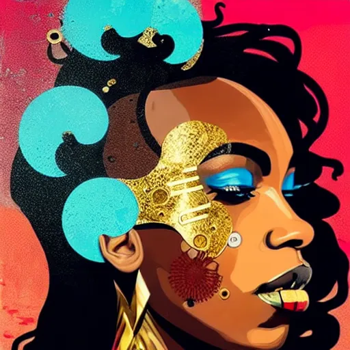 Image similar to side profile of a black woman :: in ocean :: clockwork details :: gold :: blood and horror :: by vikings and Sandra Chevrier