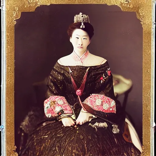 Prompt: a wide full shot, colored russian and japanese mix historical fantasy of a photograph portrait taken of the empress ’ royal wedding attire, photographic portrait, warm lighting, 1 9 0 7 photo from the official wedding photographer for the royal wedding.