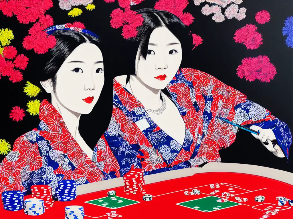 Image similar to hyperrealistic composition of the detailed woman in a japanese kimono sitting at a extremely detailed poker table with detailed darth vader, fireworks, mount fuji on the background, pop - art style, jacky tsai style, andy warhol style, acrylic on canvas