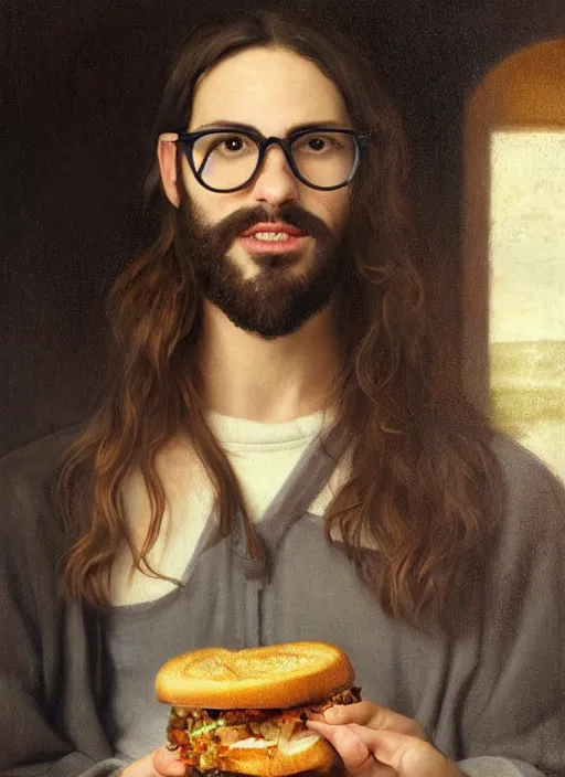 Prompt: realistic portrait of danny mondello eating a sandwich, guy with glasses long brown hair and a trimmed tight small amount of facial hair goatee, renaissance photorealistic portrait painting, highly detailed, greg rutkowski, beautiful light