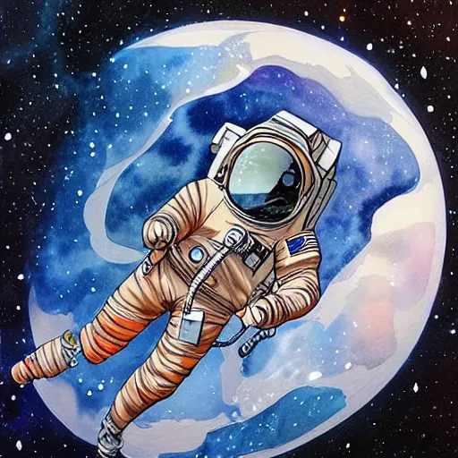 Prompt: james jean water color of an astronaut drifting in space staring at the earth