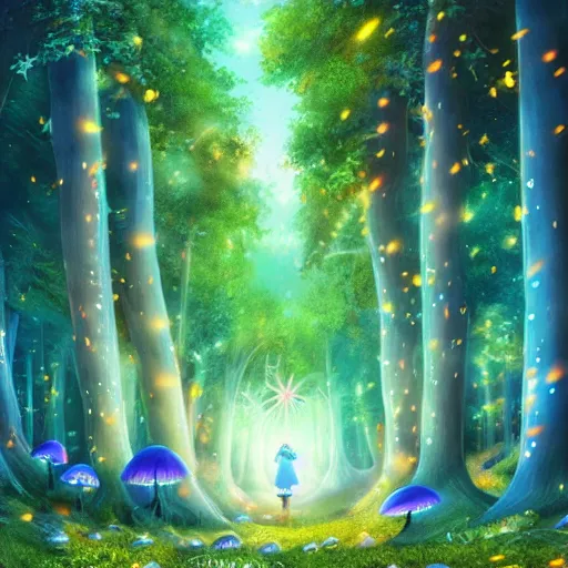 Prompt: a magical enchanted forest with a blue with a fireflies at night. in the forest there's oversized mushrooms, anime art style, detailed, 4 k