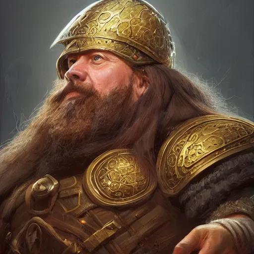 Prompt: a detailed portrait of a holy dwarf cleric with the world's longest braided beard, infinite beard length he is holding a giant shield, wearing a war - helmet, by justin gerard and greg rutkowski, digital art, realistic painting, dnd, character design, trending on artstation