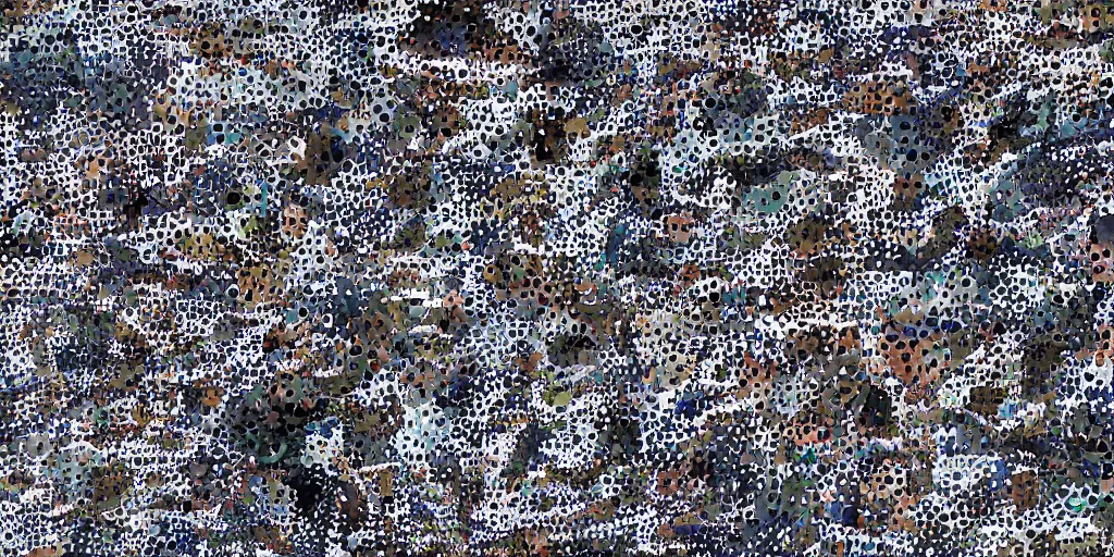 Prompt: camo made of teeth, smiling, abstract, fortnite, cryptic, dots, stipple, lines, splotch, color tearing, pitch bending, faceless people, dark, ominous, eerie, minimal, points, technical, old painting