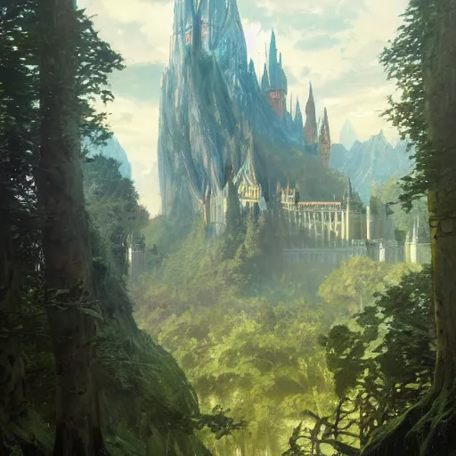 Image similar to light oil painting of tolkien inspired high castle with wizard towers and walls, elegant architecture on top of a green forest, artstation art by greg rutkowski and alphonse mucha