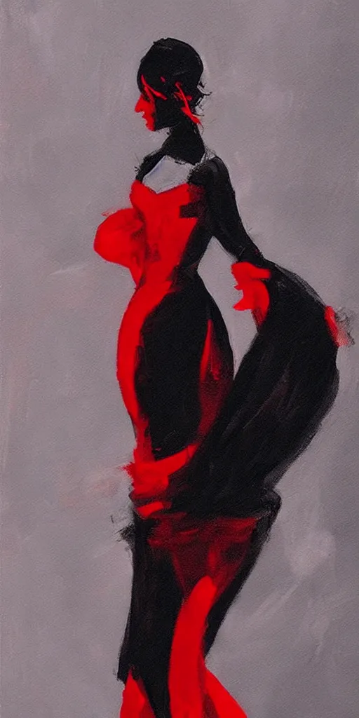 Prompt: black and red painting of woman in dress dancing, artstation trending, high detail, soft light, black background