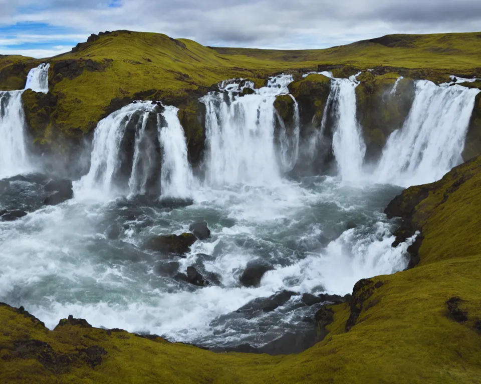 Image similar to an icelandic landscape, waterfall, hyper - realistic