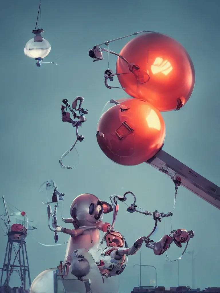 Prompt: graphic art of dystopian futuristic 1 0 mechanic surgeons astronaut humans, operate on a dead mickeymouse!!! head balloon float brain!!! exposed, held by a crane. ominous glowing red netflix!!! sign in the background, trending on art station, beeple!!, clean concept art, smooth, octane render, minimal