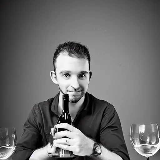 Image similar to portrait of a 3 0 years old frenchman in 2 0 2 0 seated at a table with a bottle of wine. award winning photography, 5 0 mm, studio lighting, black and white, contrasted.