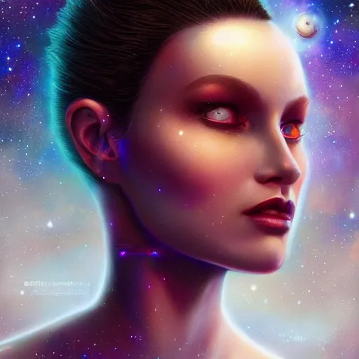 Image similar to a beautiful portrait of a galaxy goddess by Jim Burns and Tom Bagshaw, Trending on Artstation, nebula background