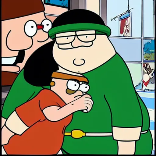 Prompt: peter griffin kissing osama bin laden, detailed faces, highly detailed, family guy