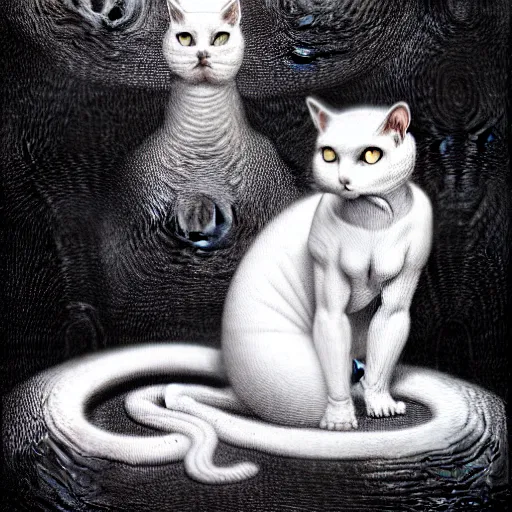 Prompt: white cat, lovecraft, art by hr giger!!!, gustave dore, artstation