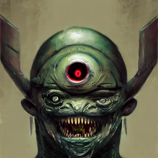 Image similar to minimalist cyborg goblin with maniacal expression and bulging eyes inside byzantine hong kong hoarder labaratory, portrait by by greg rutkowski and h. r. giger and stalenhag and deak ferrand, studio ghibli composition