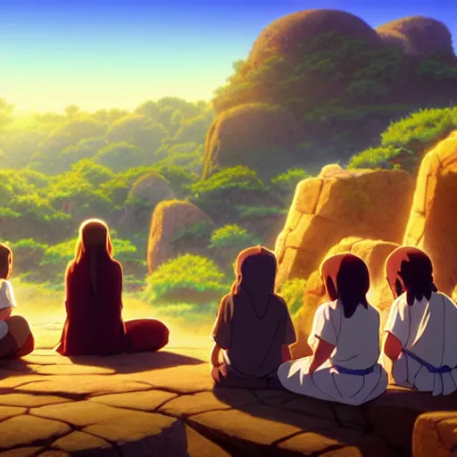 Image similar to a wholesome animation key shot of jesus christ teaching his disciples sitting on a pile of rocks, medium shot, waist up, studio ghibli, pixar and disney animation, sharp, rendered in unreal engine 5, anime key art by greg rutkowski, bloom, dramatic lighting