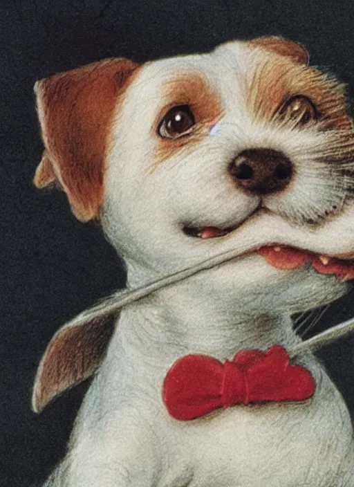 Prompt: closeup candid portrait of a jack russel terrier singing with eyes closed, illustrated by peggy fortnum and beatrix potter and sir john tenniel