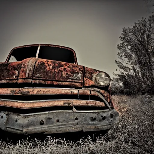 Prompt: { rusty } car in an abandoned lot