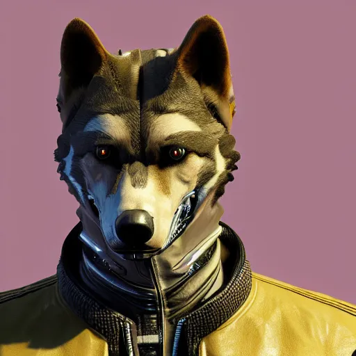 Prompt: 3d render of detective canis lupus wolf muzzle wearing a leather jacket in cyberpunk 2077