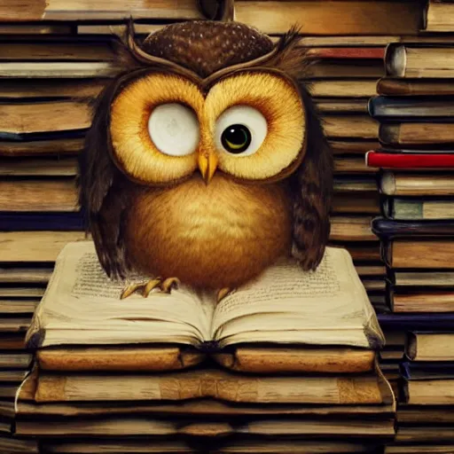 Image similar to long shot of a very cute plush owl sitting on a pile of antique books, big eyes half closed, by naoto hatori, by yoshita amano, by esao andrews, humorous illustration, hyperrealistic, big depth of field, fresh colors, dim light, 3 d octane render conceptart, 4 k, highly detailed, trending on artstation